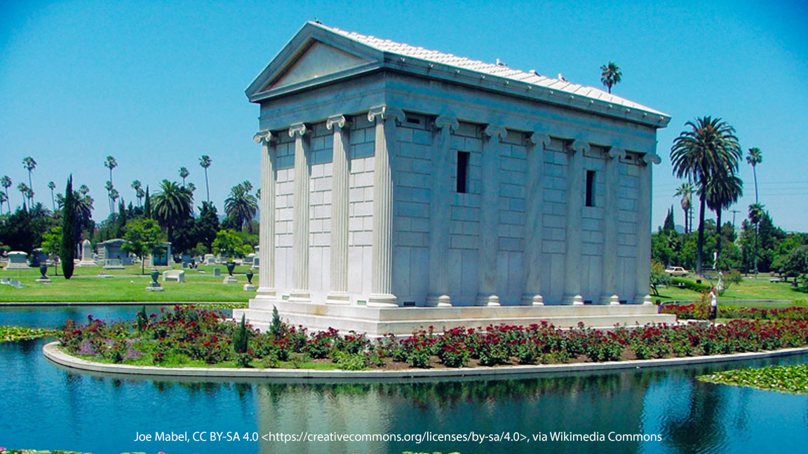 Photograph of the Clark Mausoleum at Hollywood Forever Cemetery, featuring its prominent stone architecture